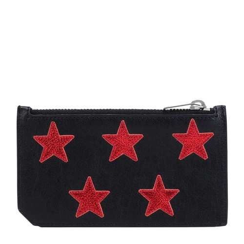 Yves saint Laurent/圣羅蘭 紅色星星貼花黑色牛皮中性款式小型皮具零錢信用卡包#417751 CU0C6 1091