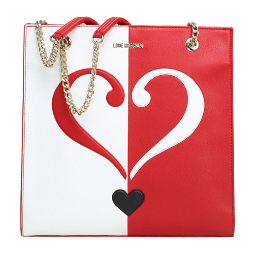 LOVE MOSCHINO/莫斯奇诺 女士心形图案拼色半链条PVC购物袋 JC4243PP01 红色/白色