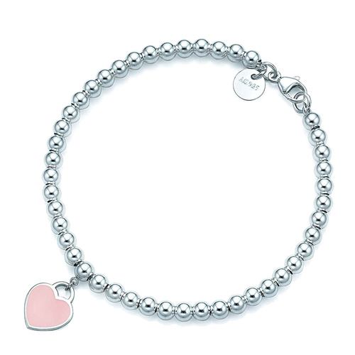 Tiffany & Co./蒂芙尼 女式純銀粉色心形小珠Bead琺瑯手鏈 7.5英寸 TGRP03577