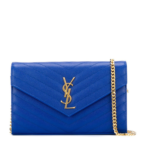 Yves saint Laurent/圣罗兰 'Monogram'金属品牌logo蓝色斜纹小牛皮女士信封式单肩包#377828 BOW01 4350