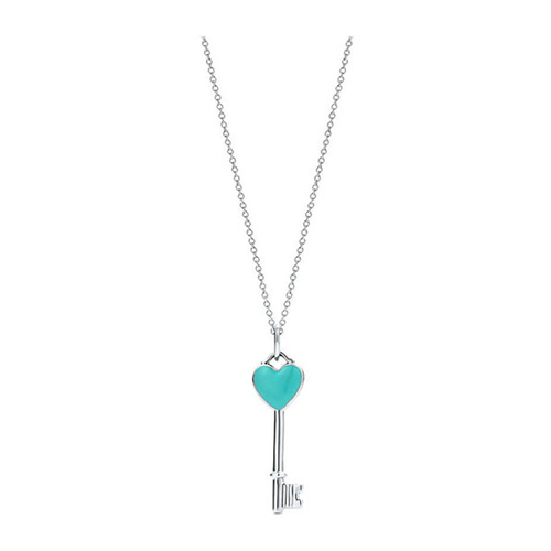 Tiffany & Co./蒂芙尼 Heart key藍色琺瑯桃心鑰匙項鏈 鑰匙吊墜18英寸鏈