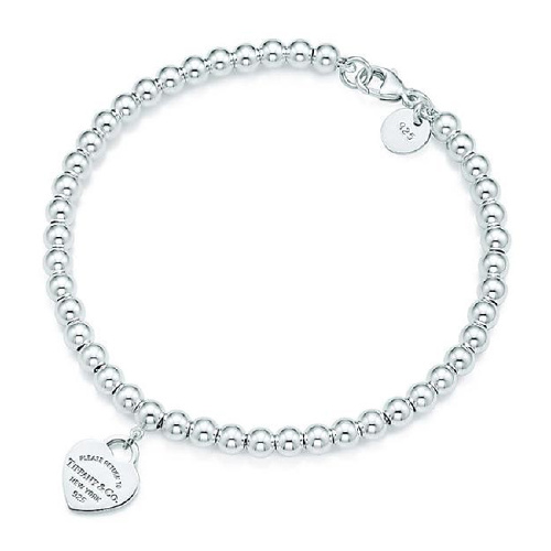 Tiffany & Co./蒂芙尼 女式纯银银色心形小珠Bead珐琅手链 6.5英寸 TGRP02587