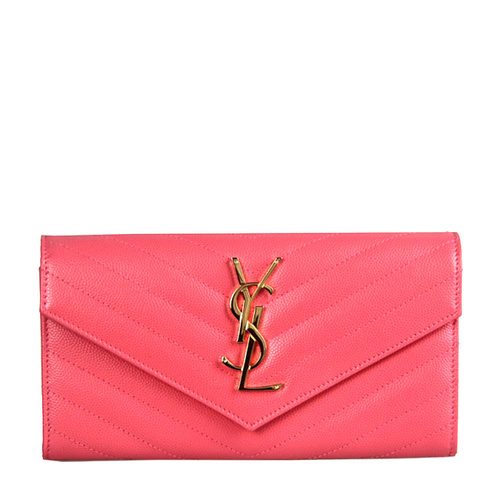 Yves saint Laurent/圣罗兰 金属logo标粉色牛皮斜纹女士长款钱包 #372264 BOW01 6618